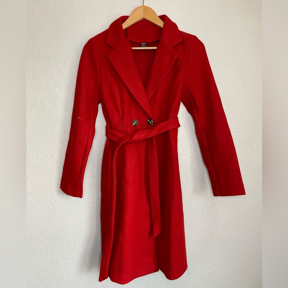 Women's Notched Lapel Double Breasted Pea Coat Mid Long With Belt Slim Fit